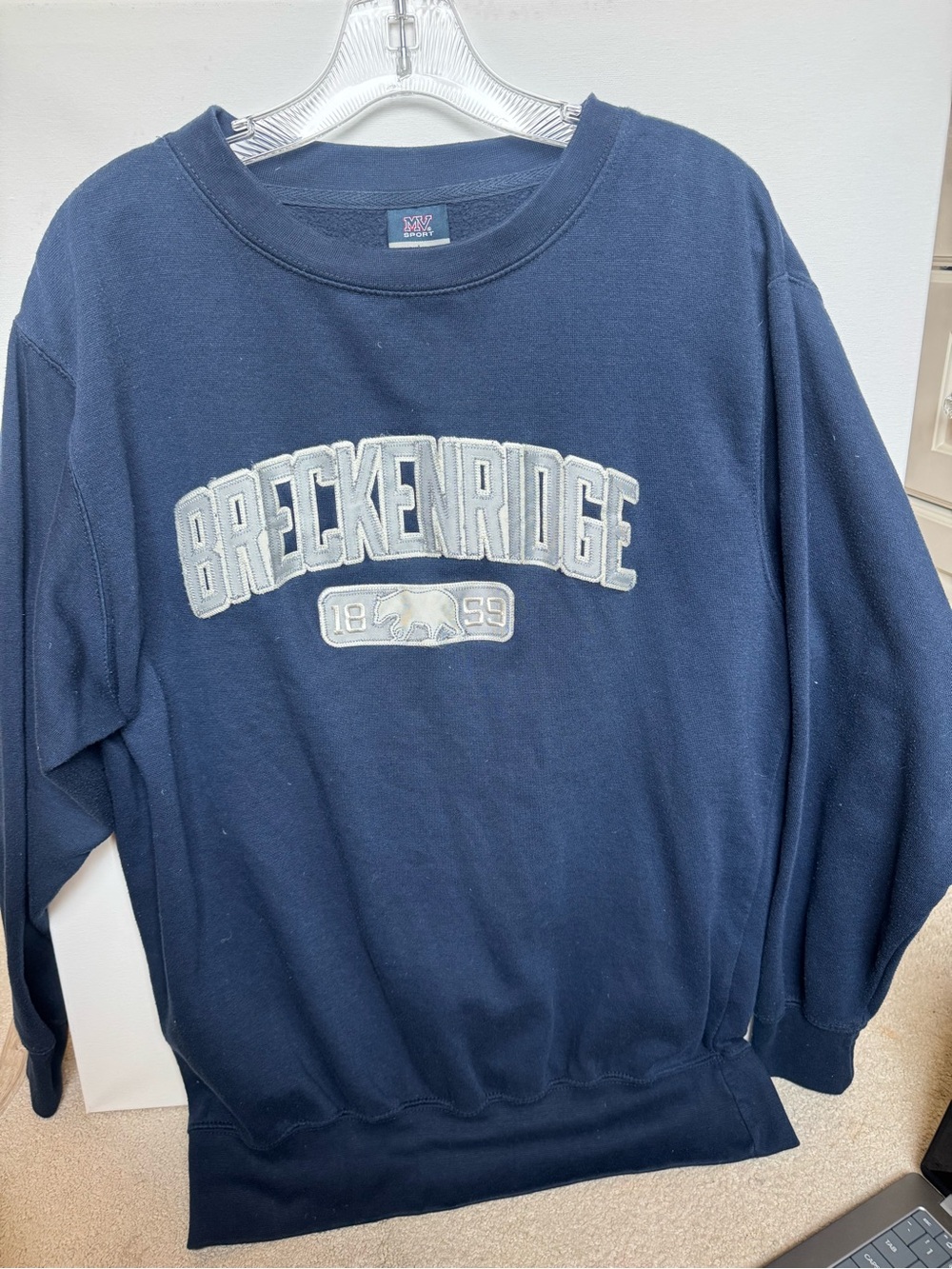MV Sport Navy Crewneck Sweatshirt with Light Gray Applique
